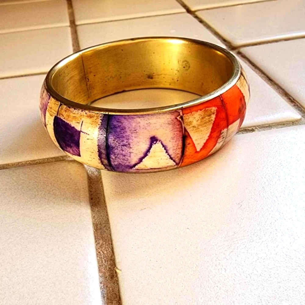 BRASS and BONE carved and painted Bangle BRACELET (This Is Quality And Awesome)